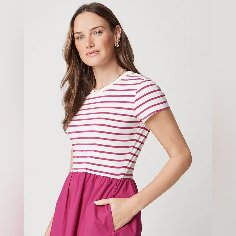 J.Crew Preppy Pink Stripe Knit Mixy Midi Dress Pockets NWT Size Medium Spring - Picture 2 of 9